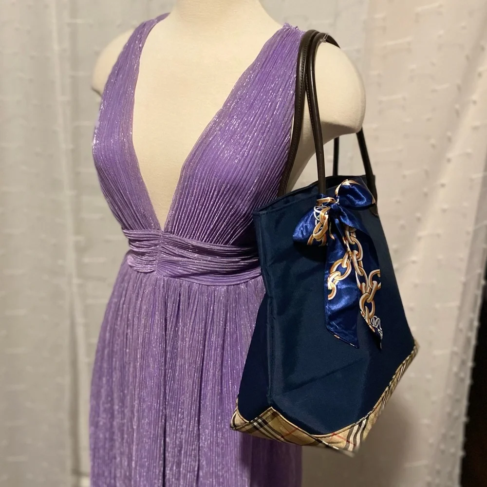Burberry Navy Tote with Chain-Print Scarf Accent